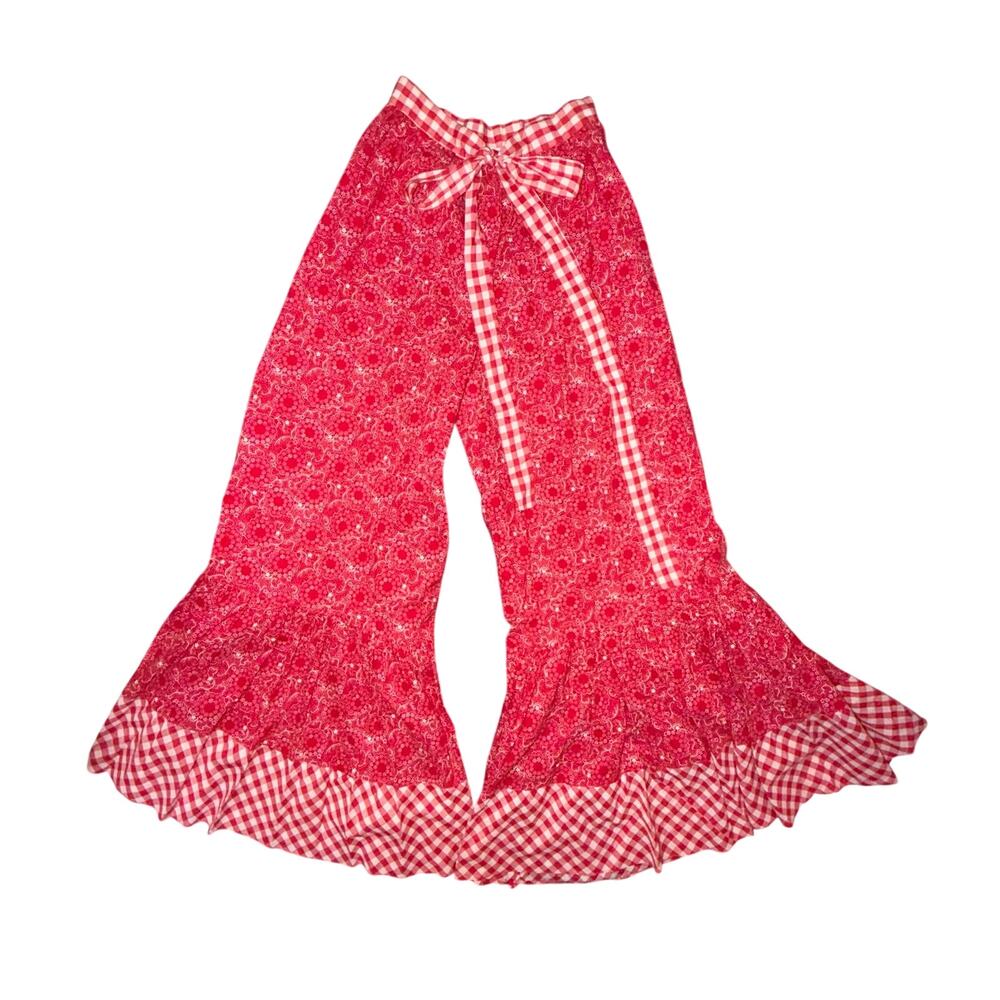 Red Patterned Ruffled Crop Pants with Gingham Trim